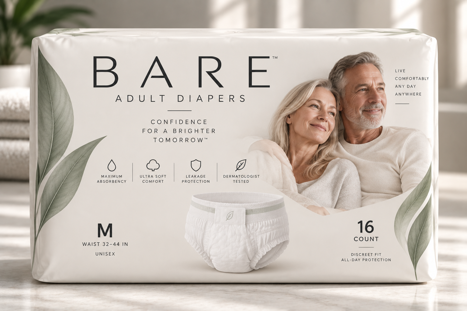 BARE adult diapers medium 16 count pack with a smiling couple on the packaging