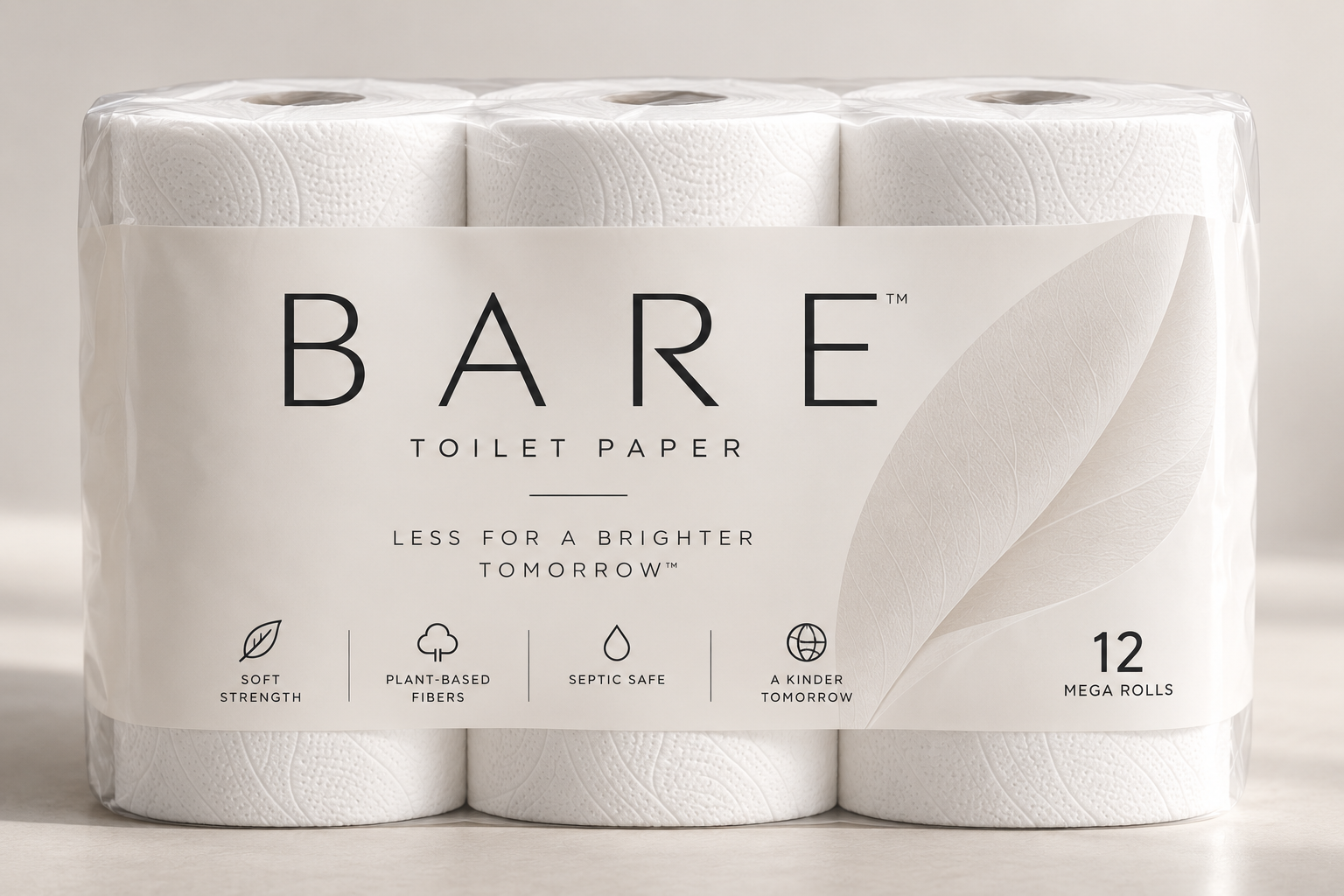 BARE toilet paper, 12 mega roll pack in minimal white packaging