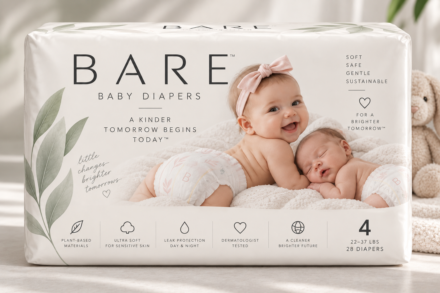 BARE baby diapers size 4 pack showing two babies on a soft cream blanket